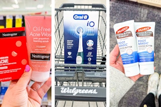 collage image of neutrogena acne products, oral b electric toothbrush, and palmers foot cream