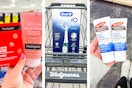 collage image of neutrogena acne products, oral b electric toothbrush, and palmers foot cream