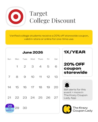 Calendar graphic of Target college student discount that is predicted for june 28 2026