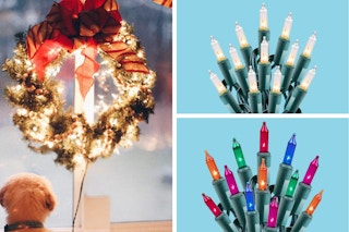 A dog looks at a wreath covered in white string lights; white string lights; multi string lights