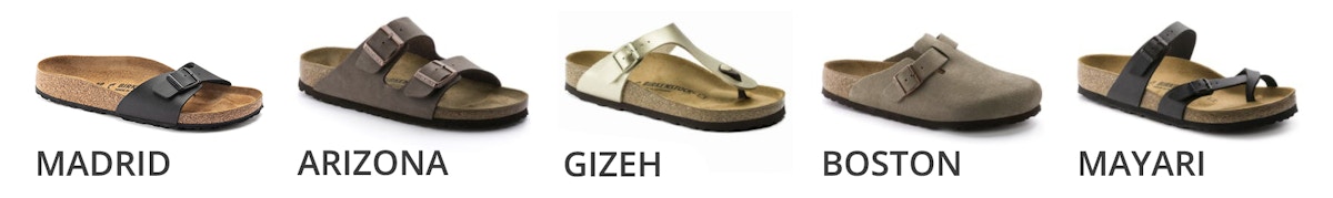 five most popular birkenstock sandal styles, including madrid, arizona, gizeh, boston, and mayari