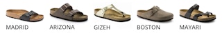 five most popular birkenstock sandal styles, including madrid, arizona, gizeh, boston, and mayari