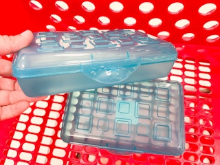 two blue Sterilite pencil boxes in a Target cart