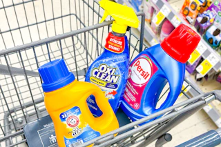shopping cart with arm & hammer, oxi-clean, and persil laundry care items