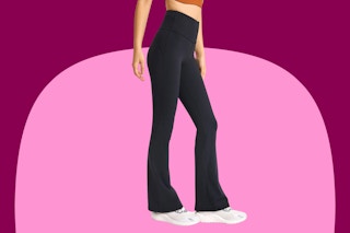 black leggings on a pink and maroon background