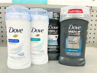 two Dove deodorants and two Dove Men+Care deodorants