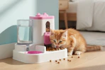 a cat eating out of a feeder