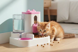 a cat eating out of a feeder