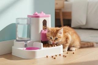 a cat eating out of a feeder
