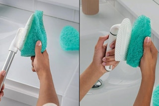 Person applying the Scotch-Brite Tub & Tile Scrubber Refill Pads