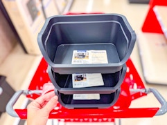 3 brightroom open-front stackable storage bins sitting on a target cart