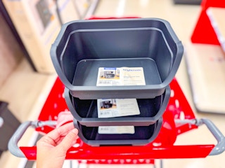 3 brightroom open-front stackable storage bins sitting on a target cart