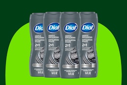 Four bottles of Dial Men, 2 in 1, Body and Face Wash, Gentle Exfoliating, Activated Charcoal, 16 oz 