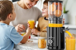 a family with a cold press juicer