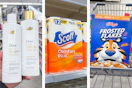 collage image of dove shampoo, scott toilet paper, and frosted flakes cereal
