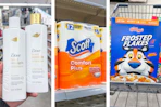 collage image of dove shampoo, scott toilet paper, and frosted flakes cereal