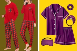 Men's and women's red plaid pajamas, kids purple silk pajama set