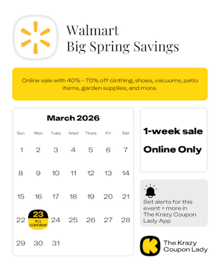 calendar graphic of the walmart Big Spring Savings for 2026