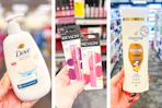 collage image of dove hand wash, revlon kiss lip balm, and pantene shampoo