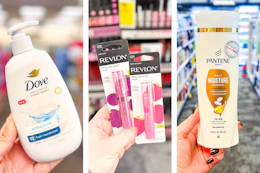 collage image of dove hand wash, revlon kiss lip balm, and pantene shampoo