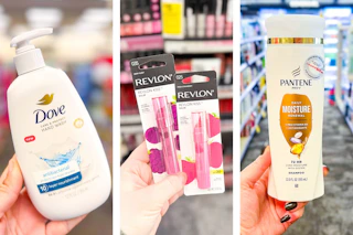 collage image of dove hand wash, revlon kiss lip balm, and pantene shampoo