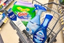 shopping cart with gain, febreze, dawn, and crest