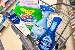 shopping cart with gain, febreze, dawn, and crest