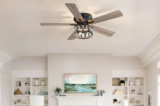 Lowe's chandelier ceiling fan in a living room 
