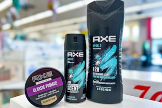 axe pomade body spray and body wash sitting on store beauty counter