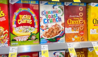 family size boxes of general mills cereal on sale at walgreens with sale tags