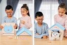 2 lifestyle images of two children building & playing with the Little Live Pets My Kitty's Home Interactive White Plush Toy 