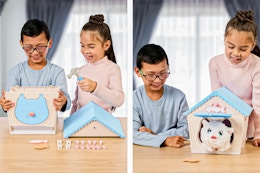 2 lifestyle images of two children building & playing with the Little Live Pets My Kitty's Home Interactive White Plush Toy 