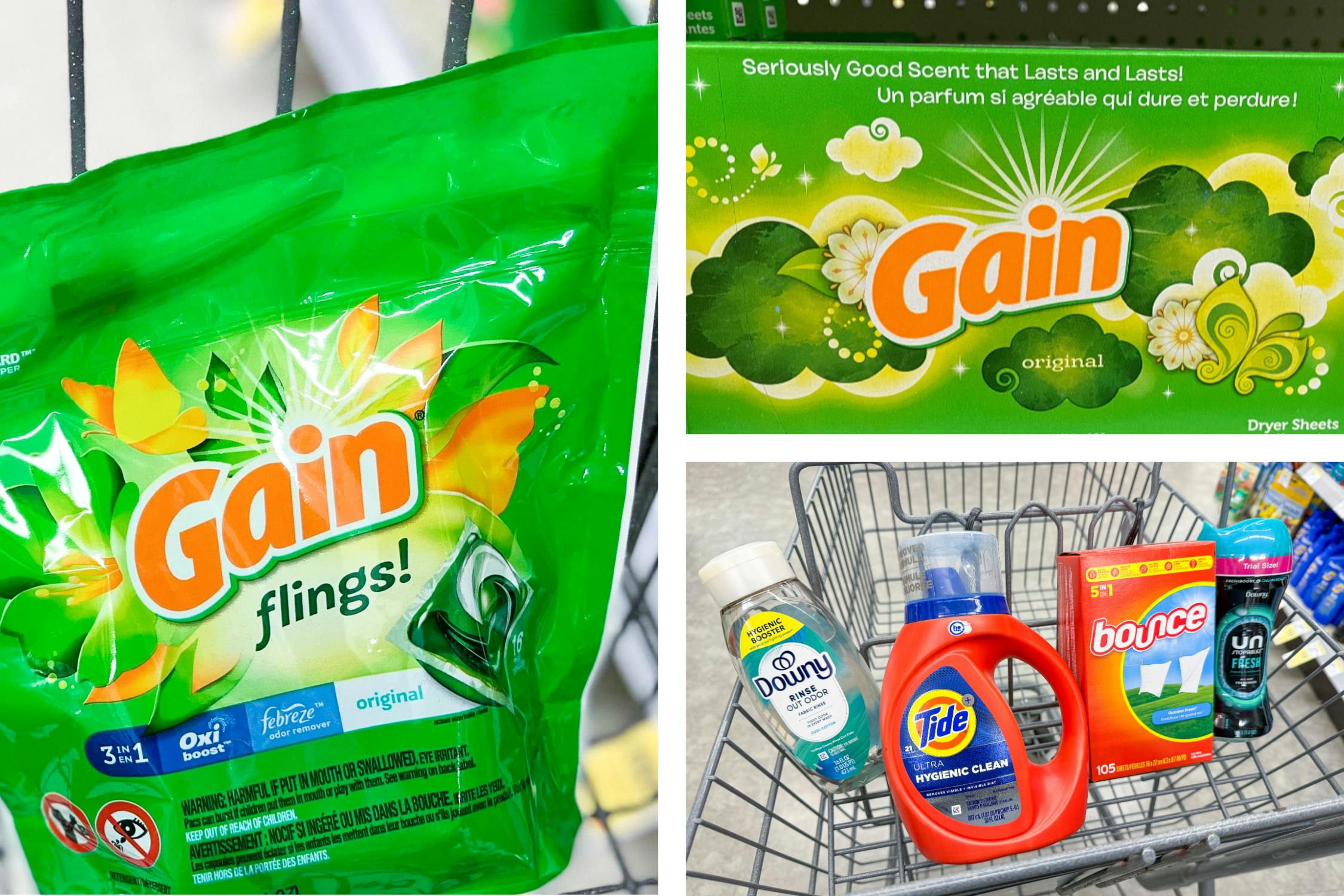 collage with gain flings, gain dryer sheets, downy, bounce, and tide products