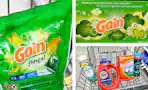 collage with gain flings, gain dryer sheets, downy, bounce, and tide products