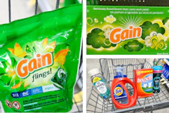 collage with gain flings, gain dryer sheets, downy, bounce, and tide products