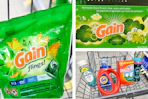 collage with gain flings, gain dryer sheets, downy, bounce, and tide products