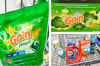collage with gain flings, gain dryer sheets, downy, bounce, and tide products