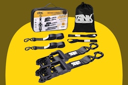 TANK powersport USA Ratchet Straps Heavy Duty (2 Pack) on a yellow background.