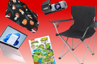 Mainstays blanket, HP lap top, TMNT coloring book, Ozark Trail chair, and dash cam