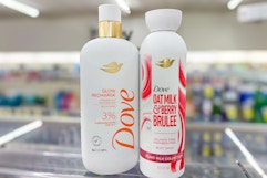 dove serum and plant milk body wash on a shelf