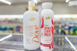 dove serum and plant milk body wash on a shelf