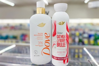 dove serum and plant milk body wash on a shelf