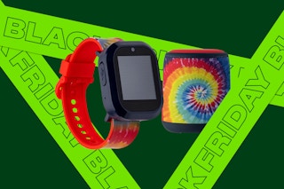 kids smart watch and wireless speaker on Black Friday background