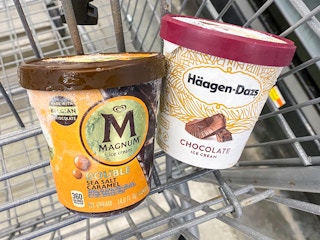 Pints of ice cream in a shopping cart basket
