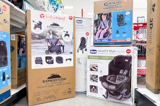 baby car seats and stroller clearance in an aisle at target