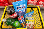 dollar general groceries in a yellow shopping basket