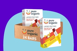 Pure Organic Layered Fruit Bars on a blue background.