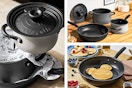 3 lifestyle images of the Disney 100 Nonstick Induction 4 Piece Pots and Pans Set