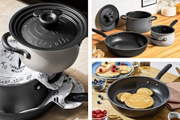 3 lifestyle images of the Disney 100 Nonstick Induction 4 Piece Pots and Pans Set