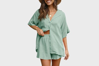 Lifesyle image of woman wearing a green Fantaslook 2-piece lounge set
